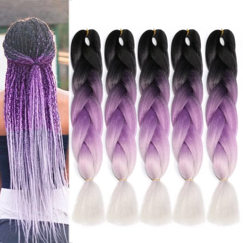 Jumbo Braiding Hair Kanekalon Hair Extensions 5pcs Long Kanekalon Fiber Ombre Jumbo Braid Crochet Hair (Black- Purple-Gray)