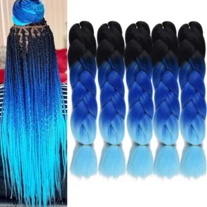 Kanekalon Jumbo Braiding Hair Extensions Ombre Synthetic Braid Crochet Hair (Black-Dark Blue-Light Blue)