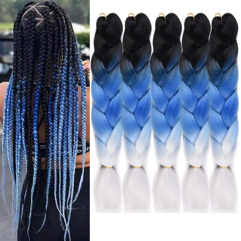 Kanekalon Ombre Braiding Hair Extensions Kanekalon Fiber 5PCS for Women 24inch Synthetic Crochet Braid Fiber Ombre Jumbo Braiding Hair (Black-Blue-White)