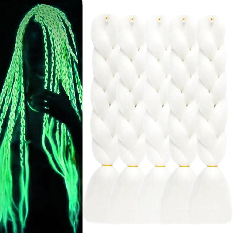5pcs Glow in the Dark Hair 24inch White Braiding Hair Pre Stretched Colored Hair Extensions for Braiding Luminous Jumbo Braids for Kids Girls Women