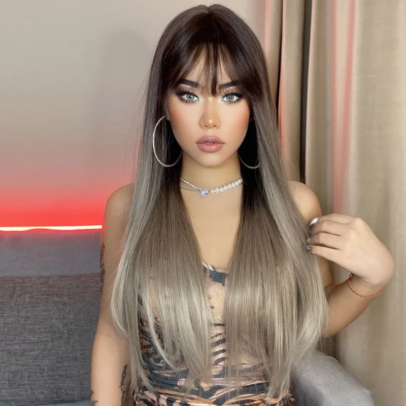 Long Straight Synthetic Wig with Bangs Gradient Gray - LC267-1
