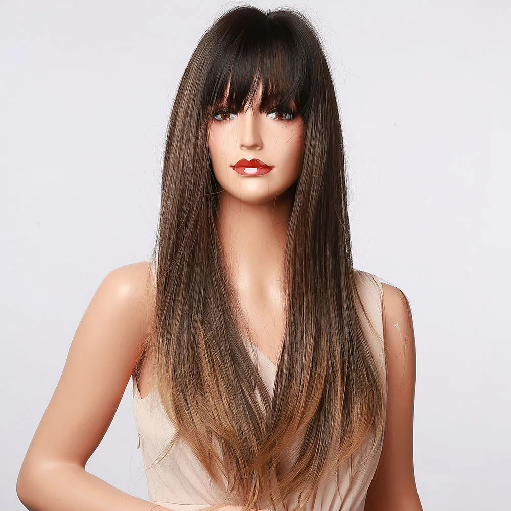 Long Straight Synthetic Wig with Bangs Gradient Gray - LC5067