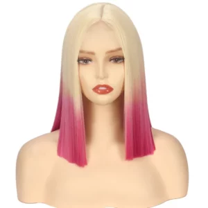 Short Bob Straight Lace Wig Gradient Pink Wigs Blonde Rose Red