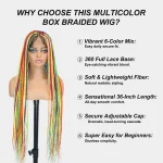 36 Inch Rainbow Braided Wig 360 Full Lace Knotless Box Braids Wig for Women