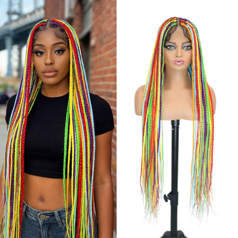 36 Inch Rainbow Braided Wig 360 Full Lace Knotless Box Braids Wig for Women