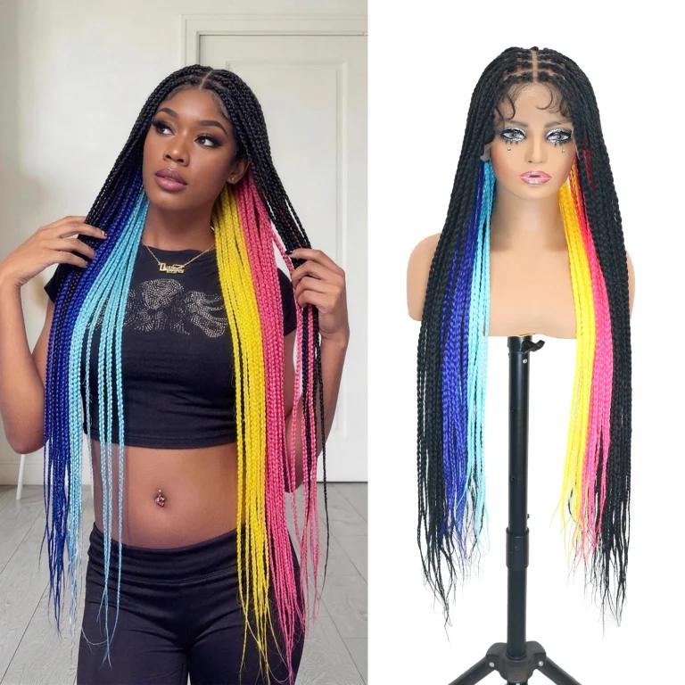 36 Inch 360 Full Lace Colorful Box Braids Wig - Glueless Knotless Synthetic Braided Wig with Baby Hair